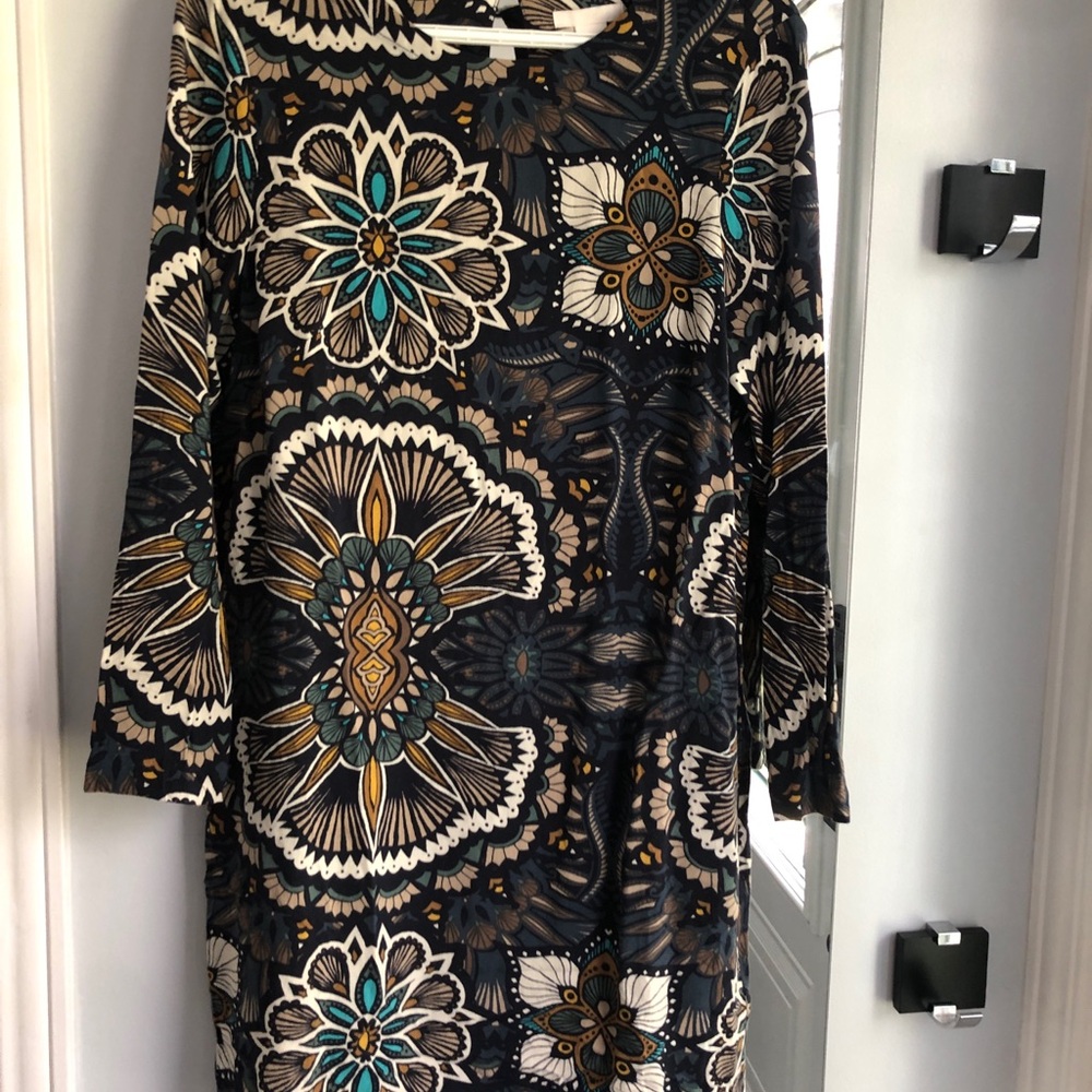 H&M Long Sleeve Floral Shift Dress in Black, Teal & Mustard